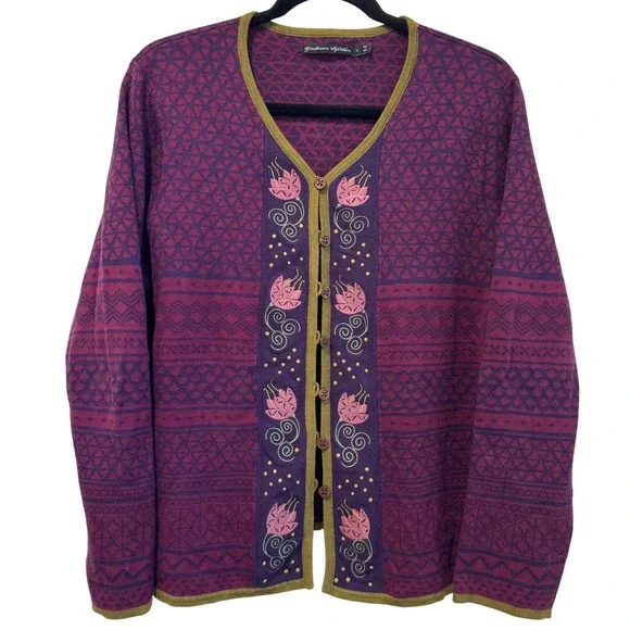 Gudrun Sjoden Purple Geometric Floral Embroidered Cardigan Sweater Size L - Picture 1 of 8